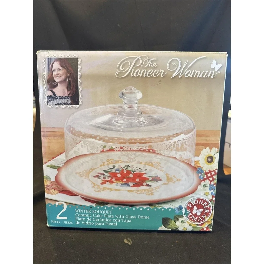 Pioneer Woman Winter Bouquet Holiday Cake Plate Polka Dot Etched Glass Dome NIB